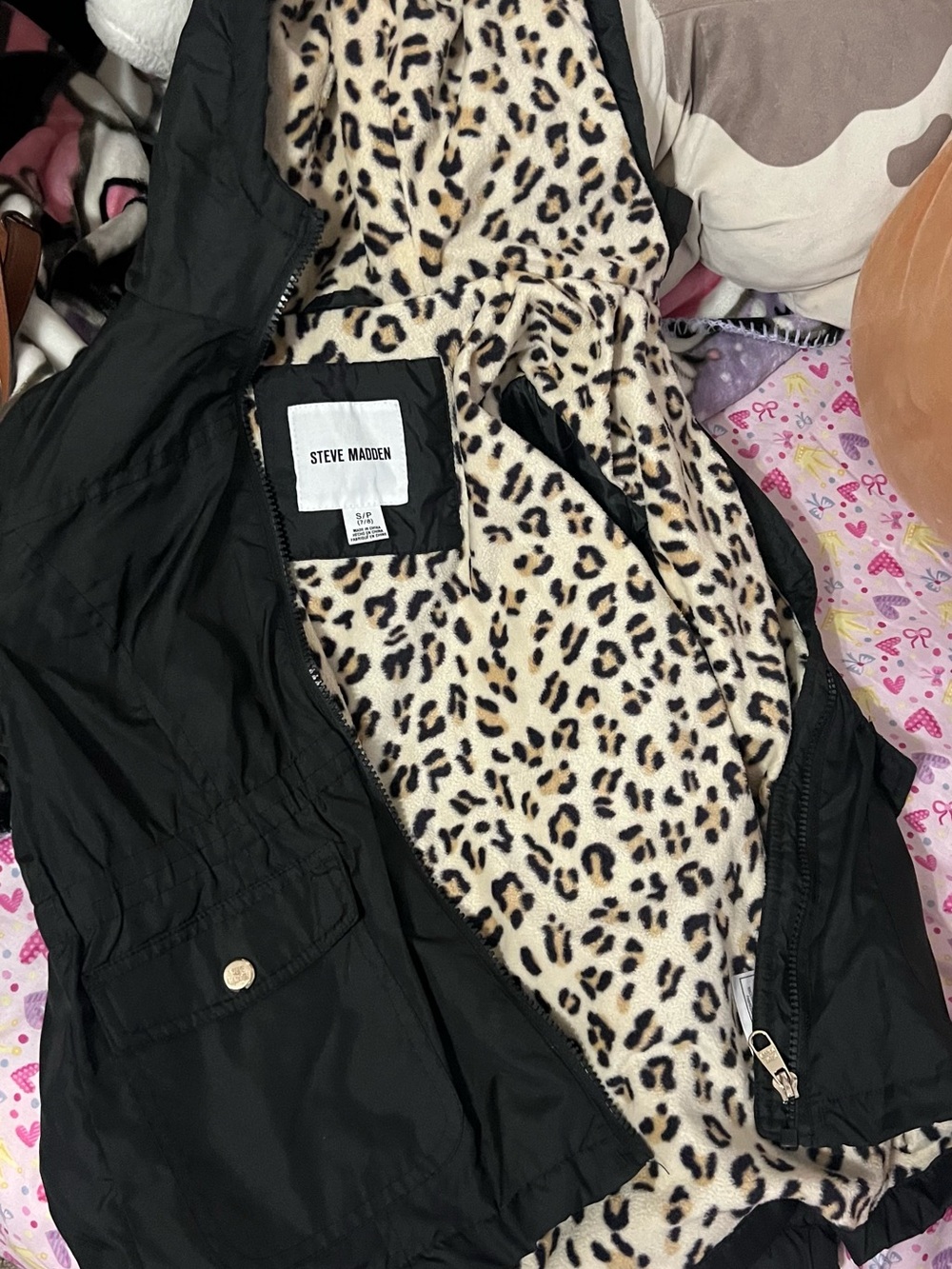 Steve Madden Black Puffer Jacket with Leopard Print Lining